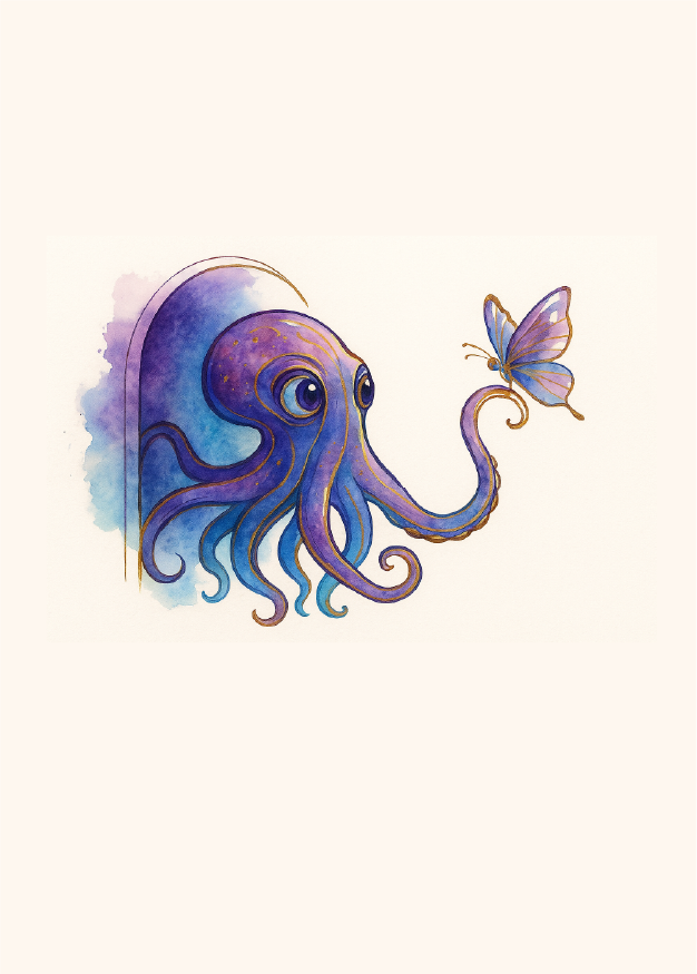 Otto, the octopus from Habituario 33, with a glowing book and a butterfly